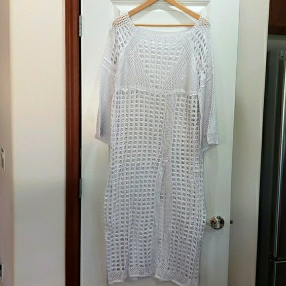 New White Chrochet Cover Up Long Dress with Slit - Picture 4 of 7